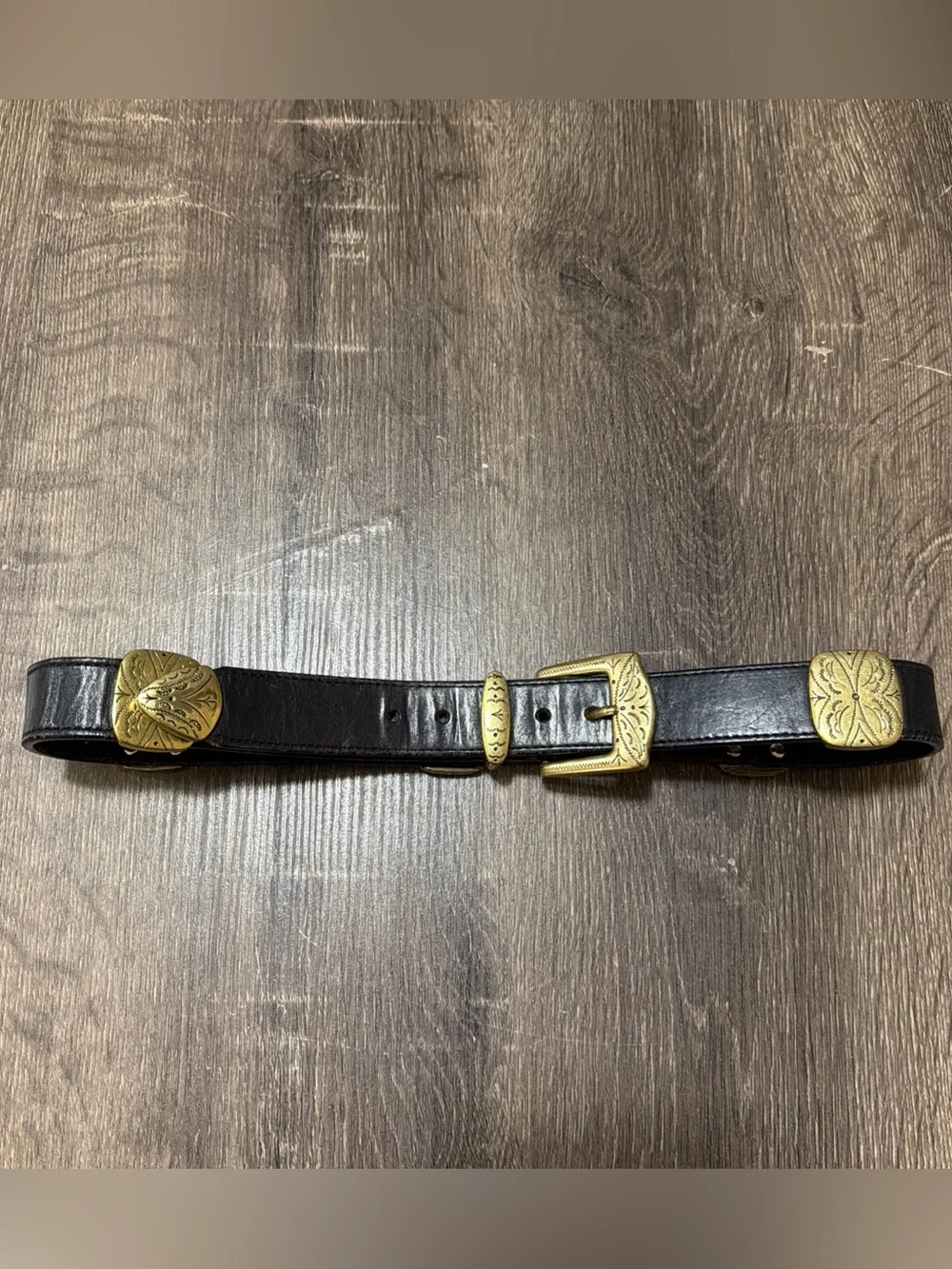 Vintage 1991 Brighton Black Leather Belt Women’s Gold Medallion Buckle 35”